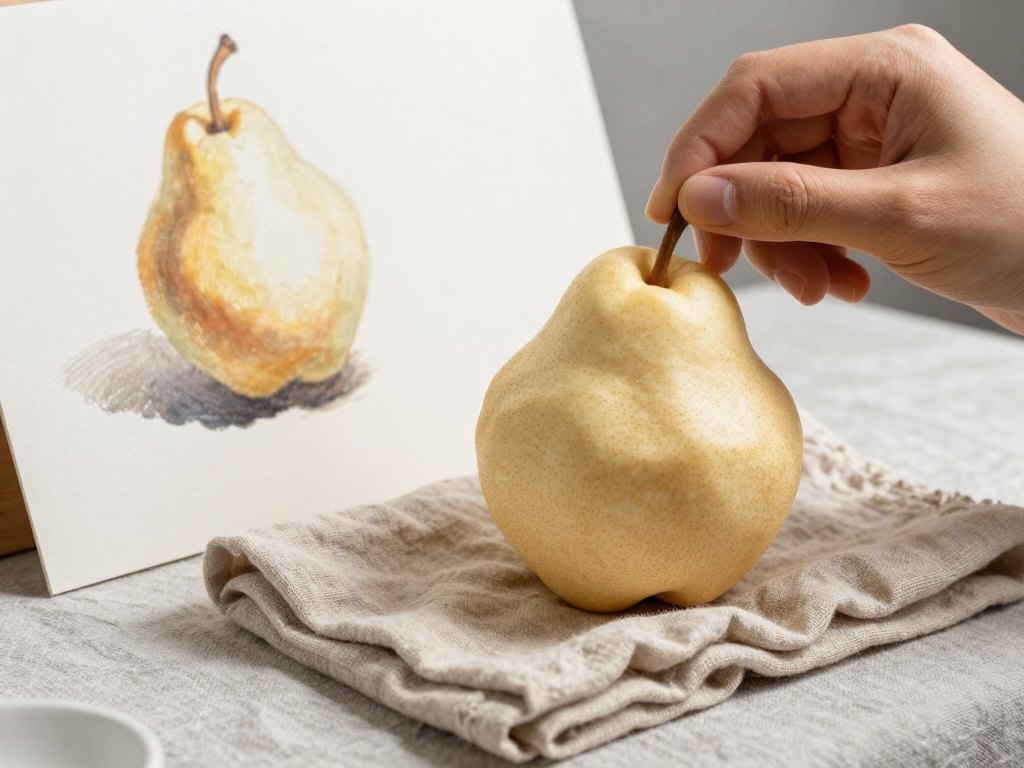 Hand blending shadow on a pastel pear study next to the real ceramic pear