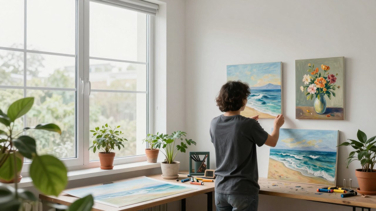 Person seen from behind arranging finished pastel paintings on a studio wall by a window