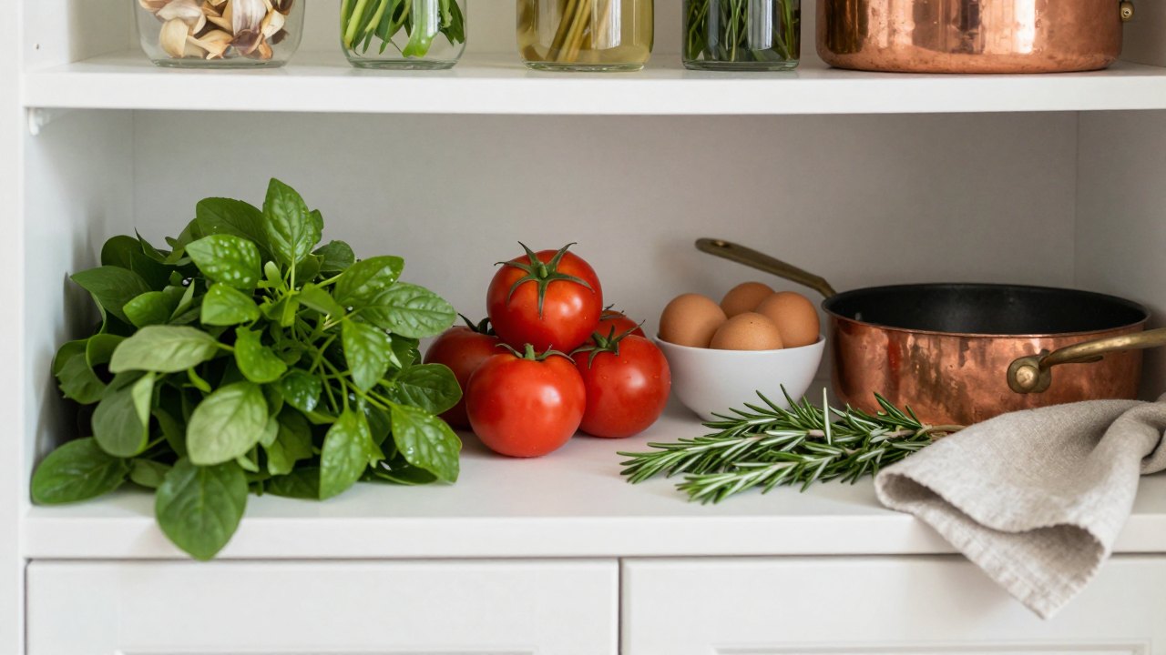 Fresh herbs, tomatoes, eggs and a copper pan arranged on a kitchen counter