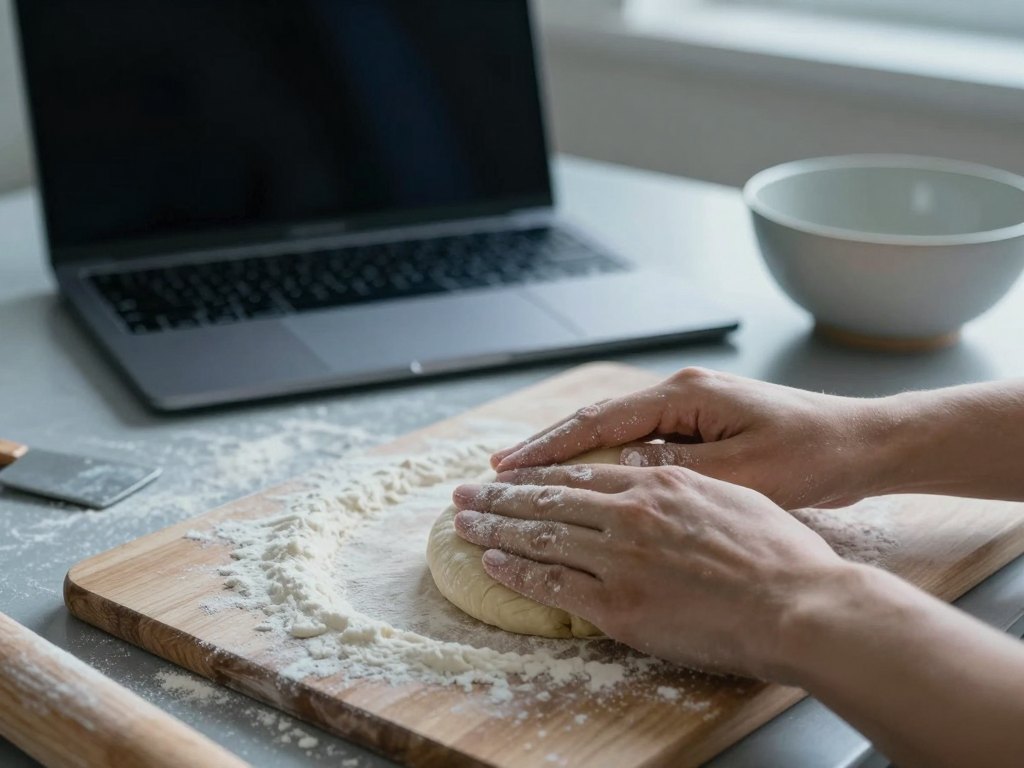 Floury hands shaping dough on a wooden board beside a closed laptop