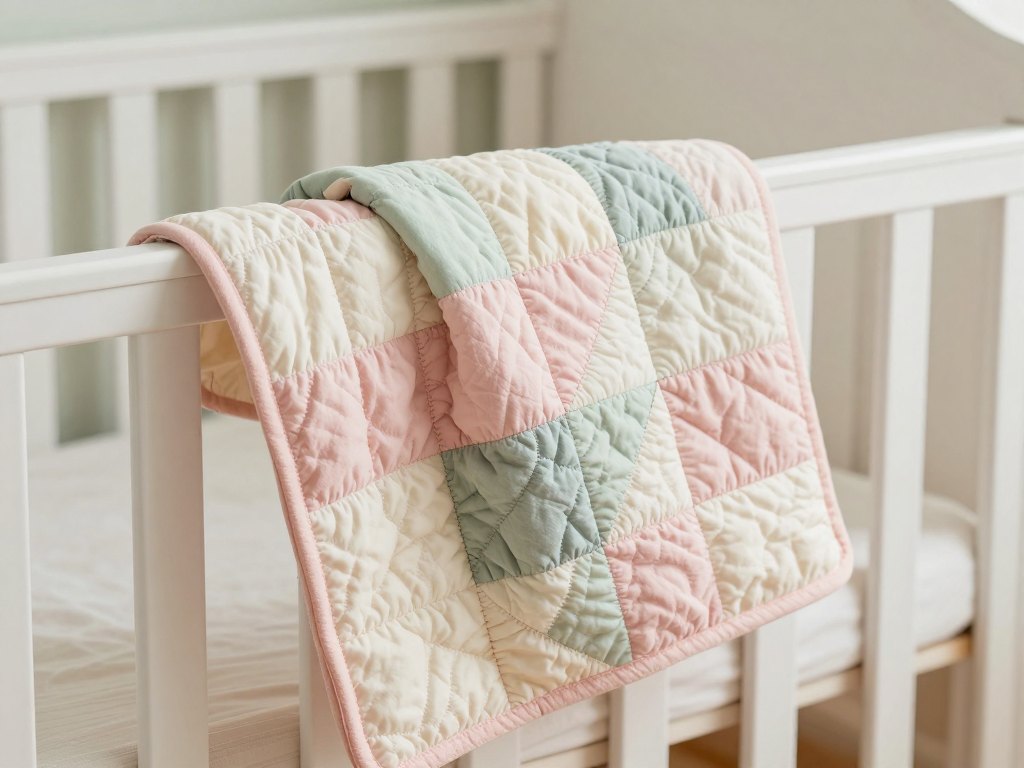 Small pastel patchwork quilt with pieced blocks draped over a white wooden bench