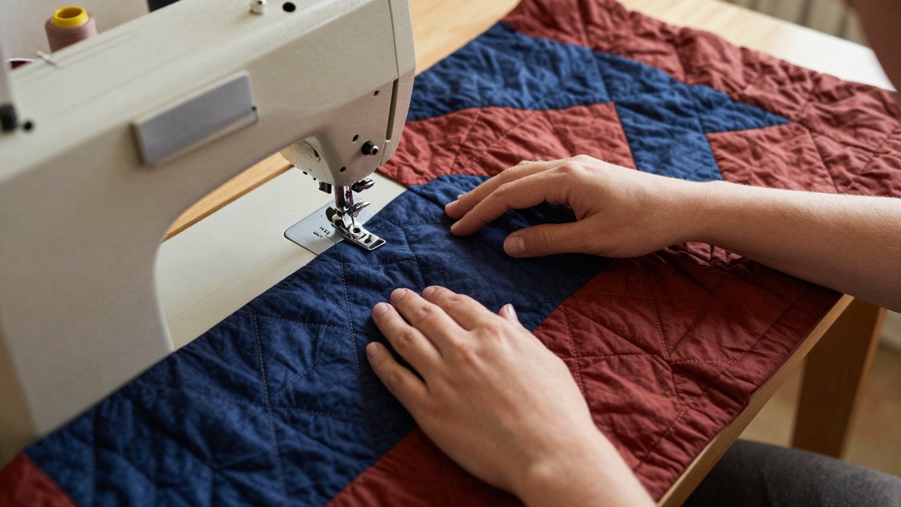 Hands guiding quilt fabric under a sewing machine needle beside thread spools