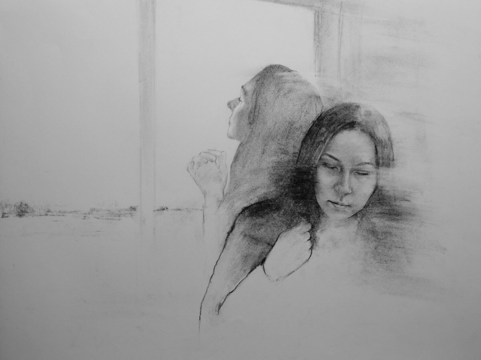 Charcoal drawing of two women near a window, one looking upward and one looking down