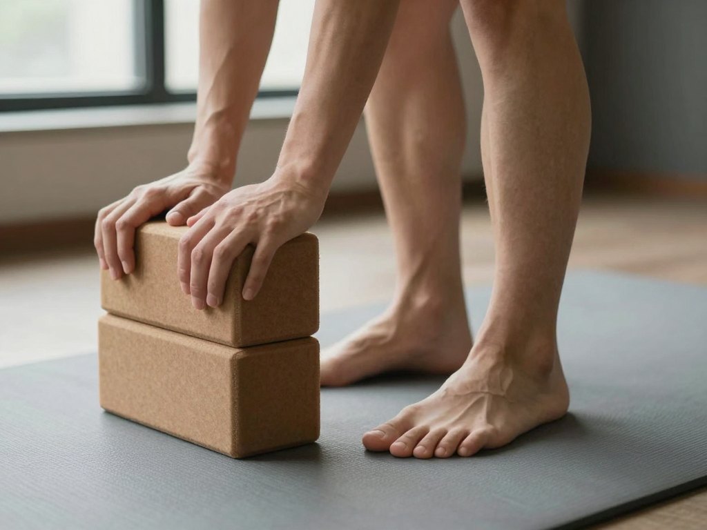 Hands resting on blocks and legs in a low lunge on a grey mat