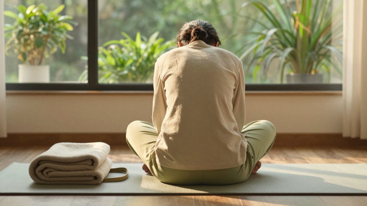 Person seen from behind in a seated forward fold beside a window with plants