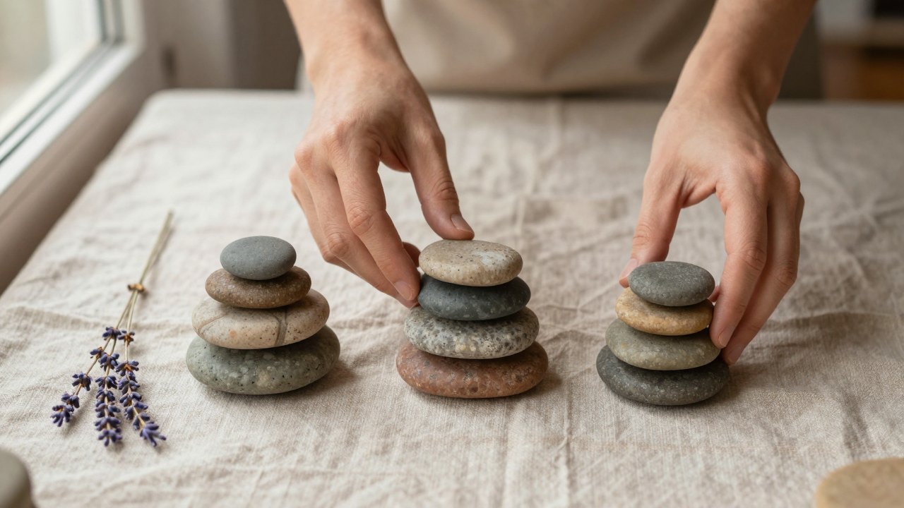 Hands stacking smooth stones into balanced piles on linen beside dried lavender