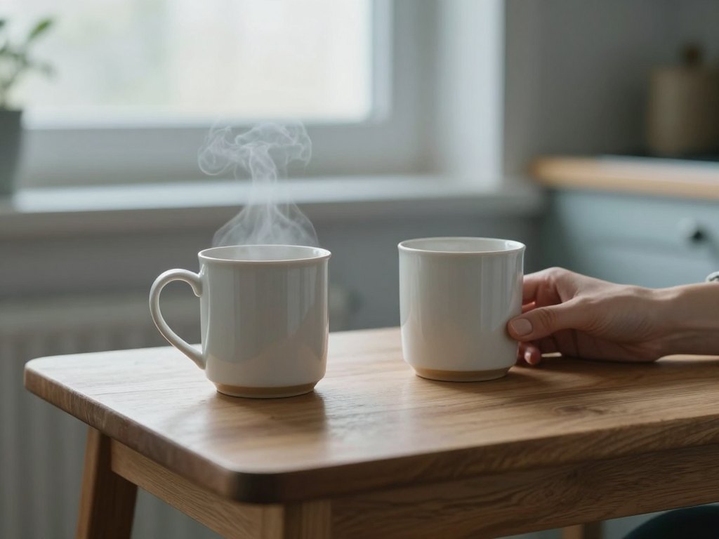 Two mugs on a wooden table with a hand resting calmly beside them