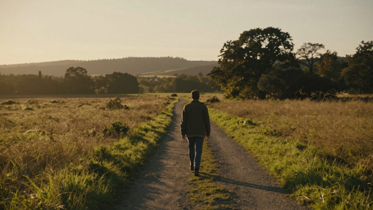 Person seen from behind walking along a country path in warm evening light