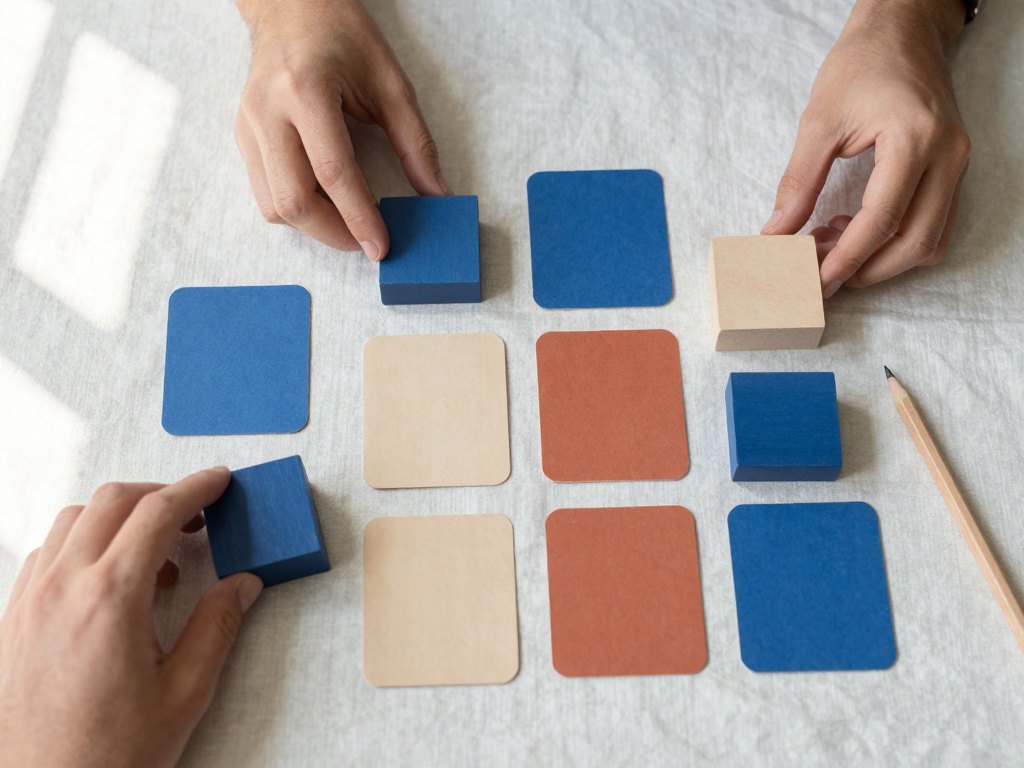 Hands arranging blank wooden blocks and cards into a weekly grid on linen