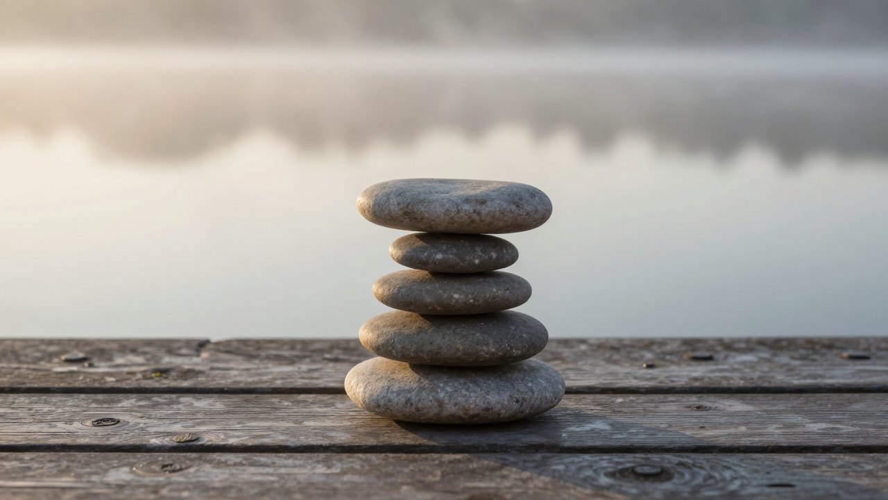 Small stack of smooth stones on a wooden jetty above calm misty water at sunrise