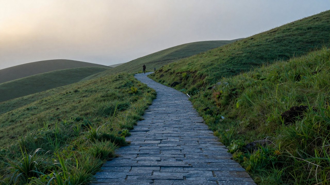 Distant hiker walking a winding path up misty green hills at sunrise