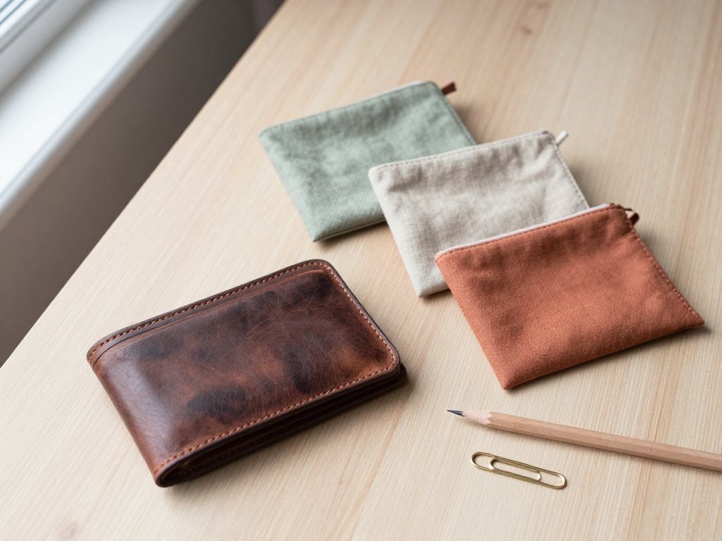 Open leather wallet beside three small colored fabric pouches on a light wooden desk