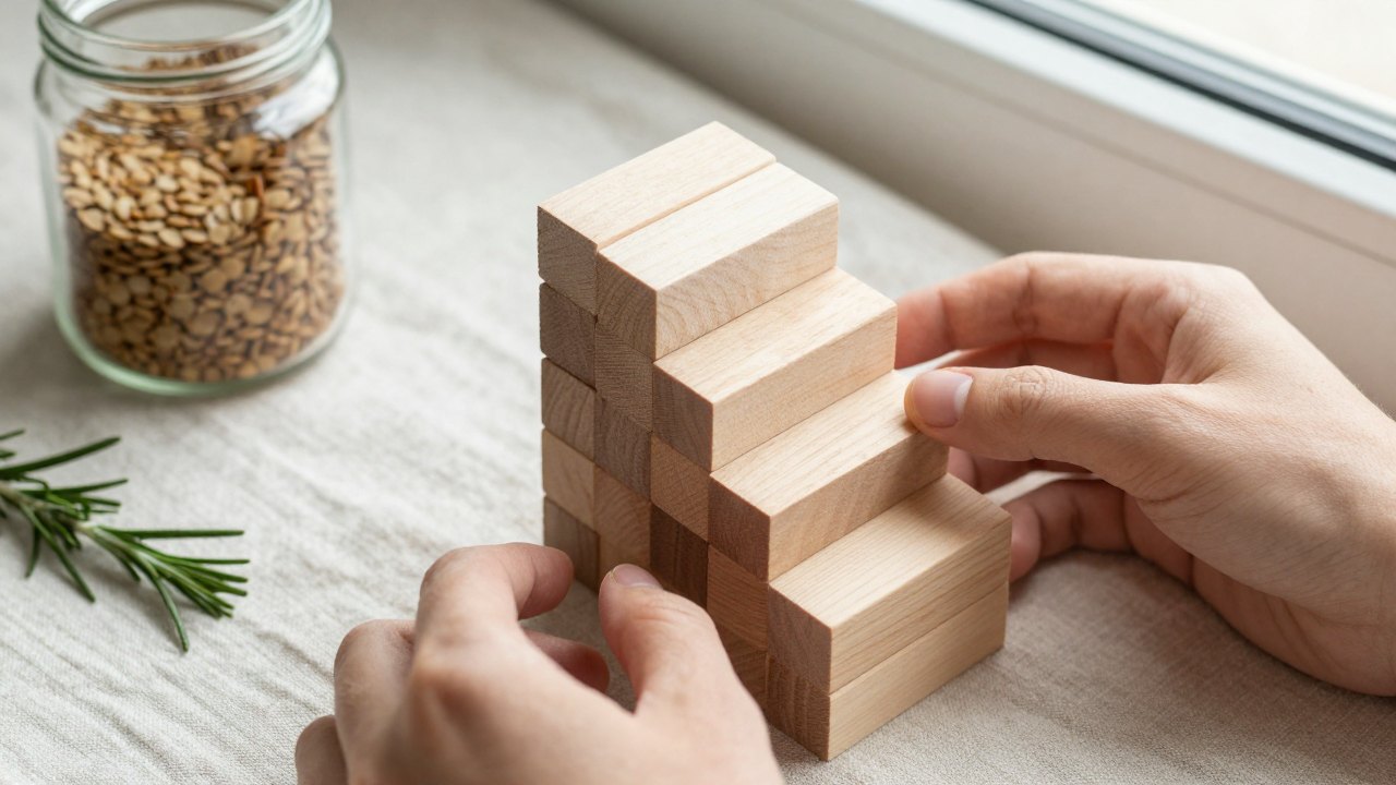 Hands stacking wooden blocks into a small staircase on linen cloth