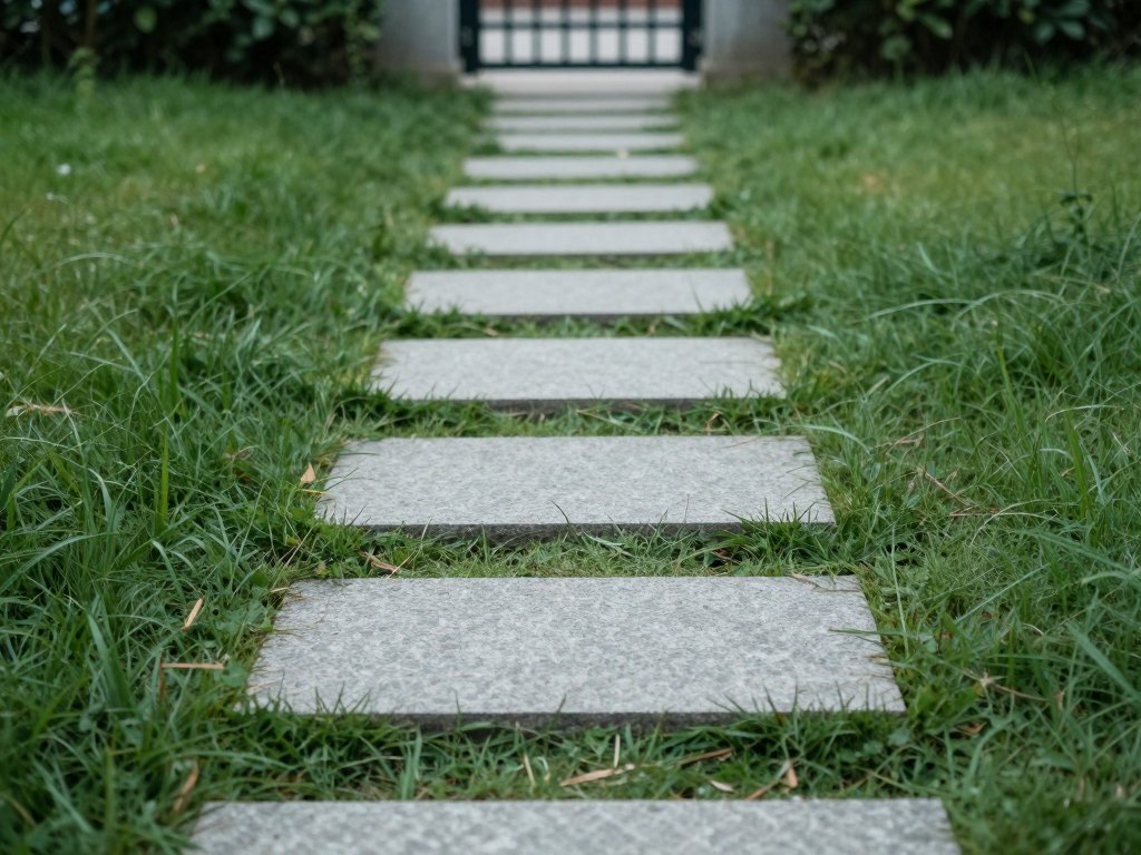 Row of flat stepping stones leading across a lawn toward a hedge gate