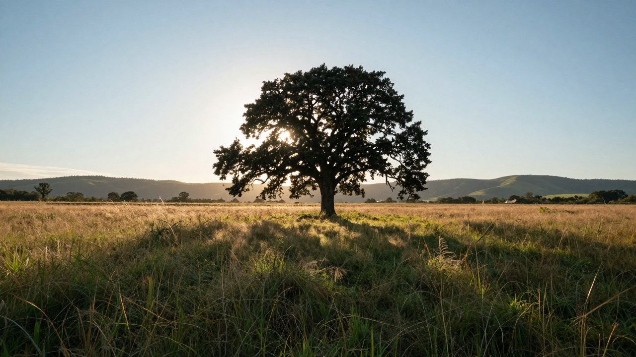Meadow with a single oak tree lit by low golden evening sun