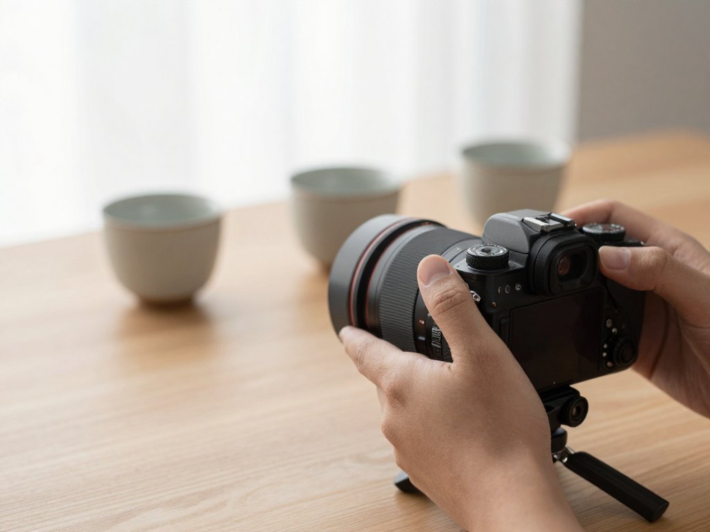 Hands adjusting the lens ring of a camera on a tripod in front of three identical cups