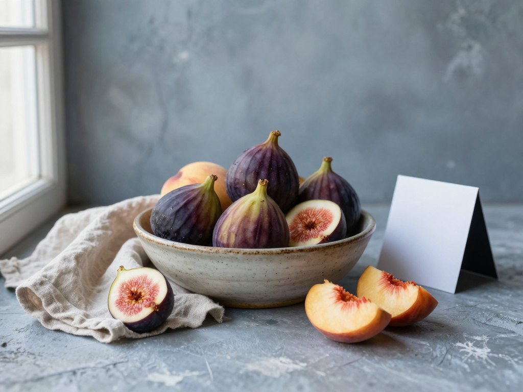 Fruit still life on a hand-painted blue-grey backdrop lit by soft window light