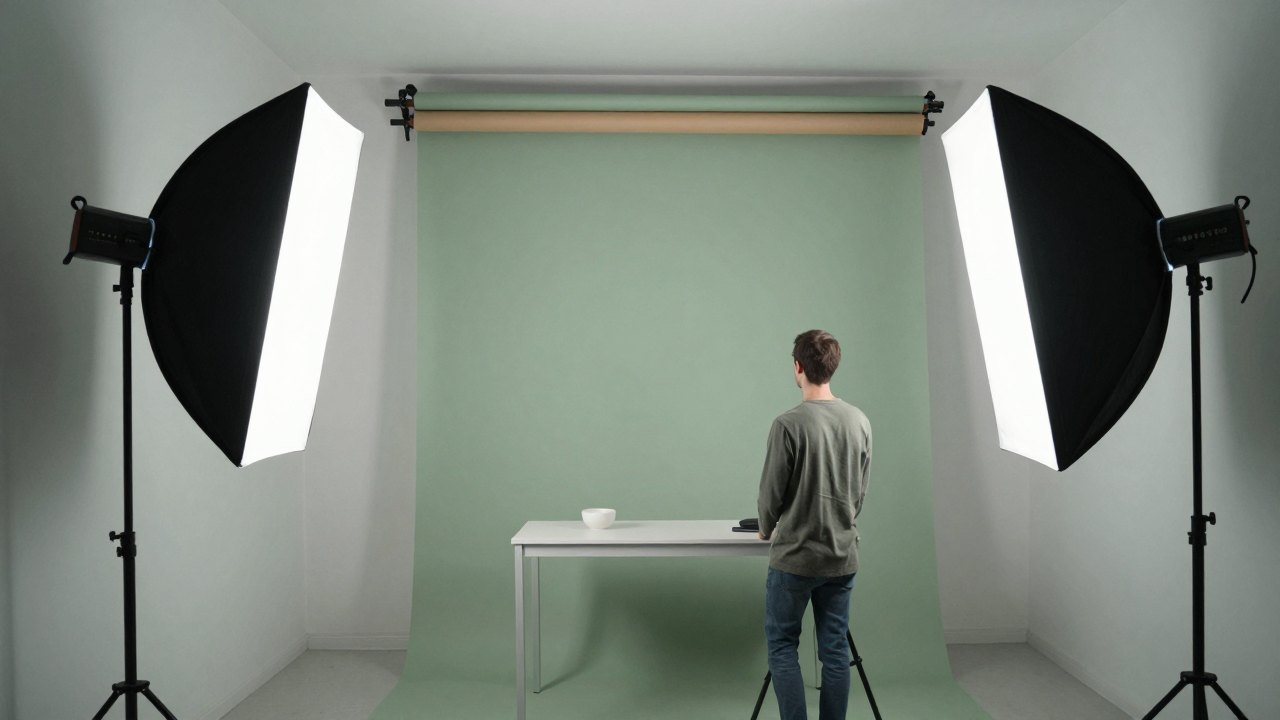 Photographer seen from behind at a tripod in a small studio with softbox lighting