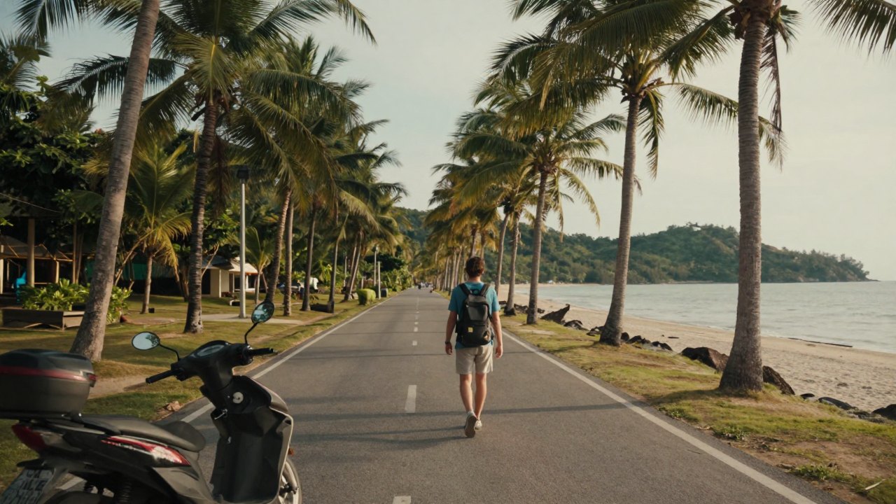 Traveller with backpack walking a palm-lined coastal road beside a parked scooter