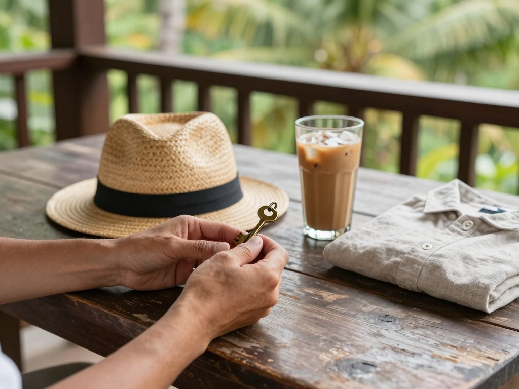 Hands holding a guesthouse key on a wooden terrace table with a straw hat