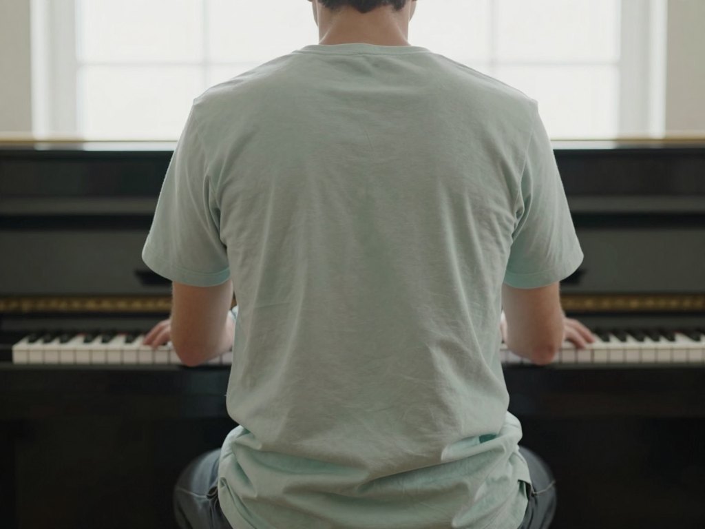 Person seen from behind sitting upright at a piano, hands poised above the keys
