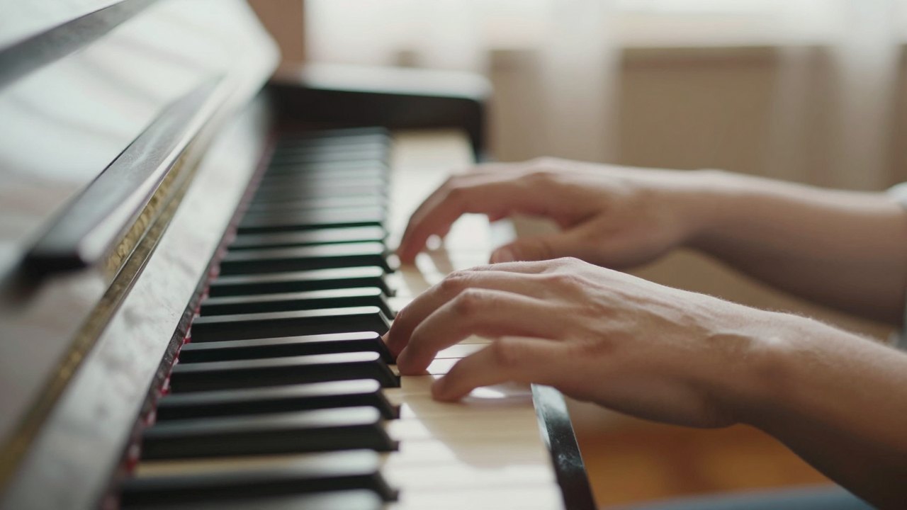 Adult hands with curved fingers resting on white piano keys in soft morning light