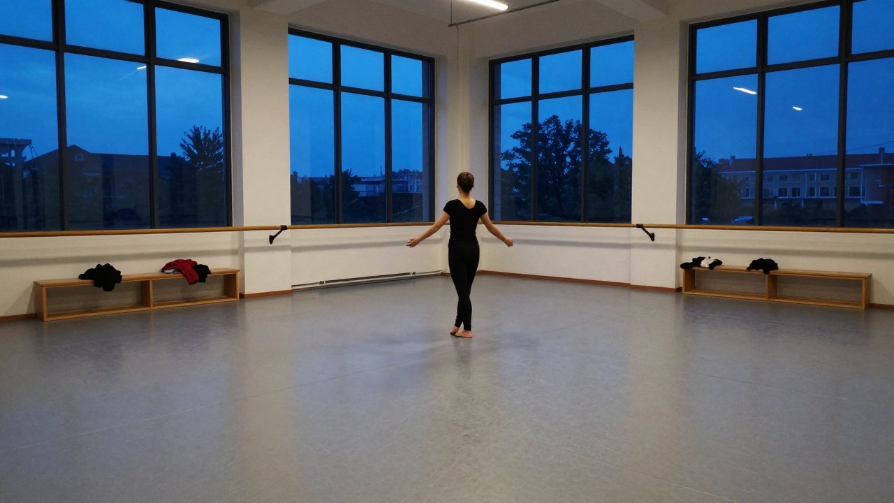 Distant dancer seen from behind in a quiet studio lit by blue evening window light