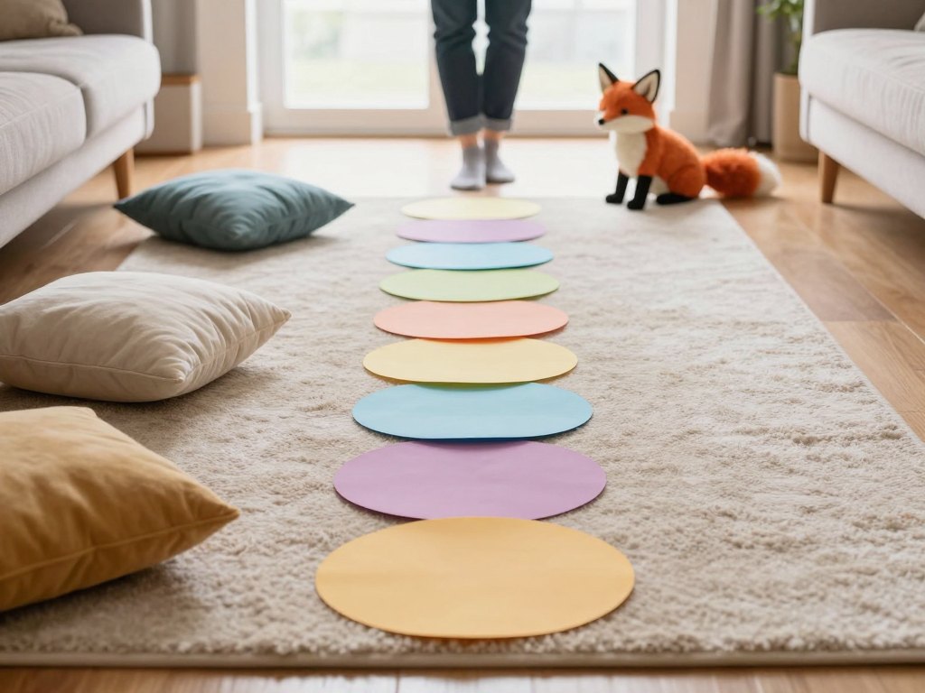Path of coloured paper circles and cushions across a living room rug leading to a toy fox