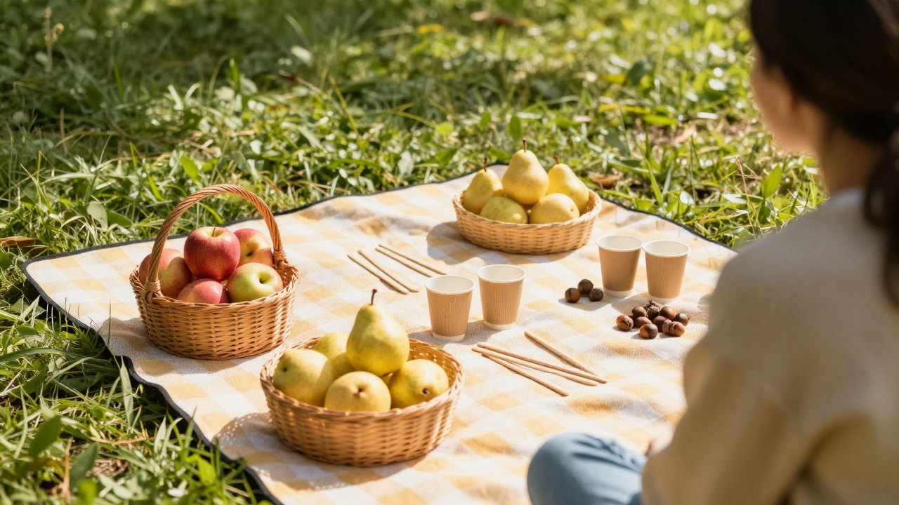 Picnic blanket in a park with apples, pears, acorns and sticks arranged in rows