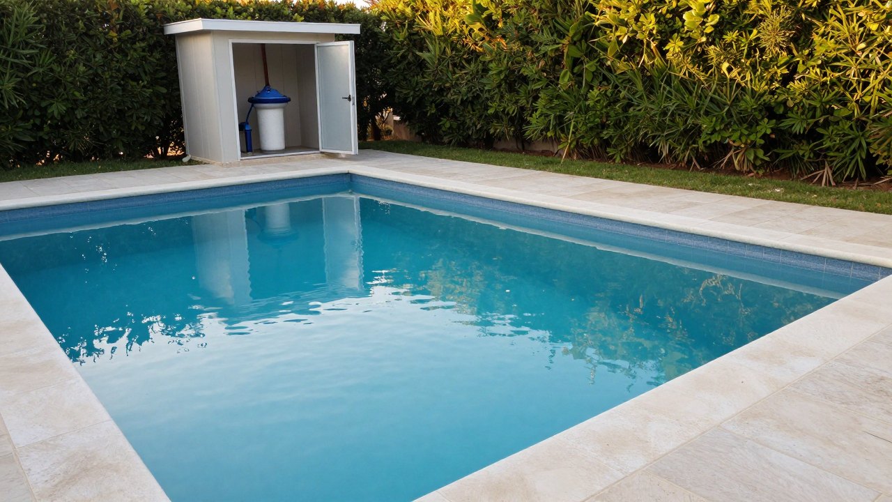 Finished backyard pool at dusk with an open equipment enclosure beside the water
