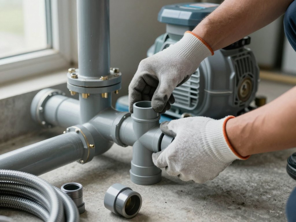 Gloved hands tighten a grey PVC pipe union beside a pool pump in a plant room