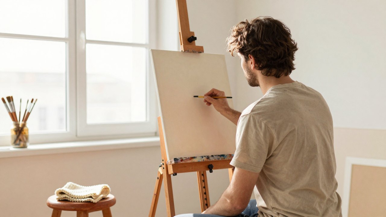 Painter seen from behind working at an easel in a sunlit studio
