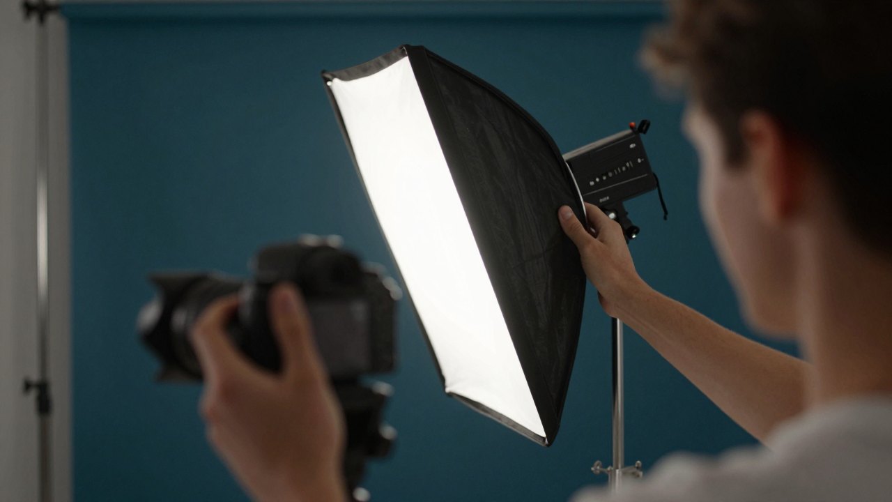 Hands adjusting a softbox on a boom arm in a dim studio
