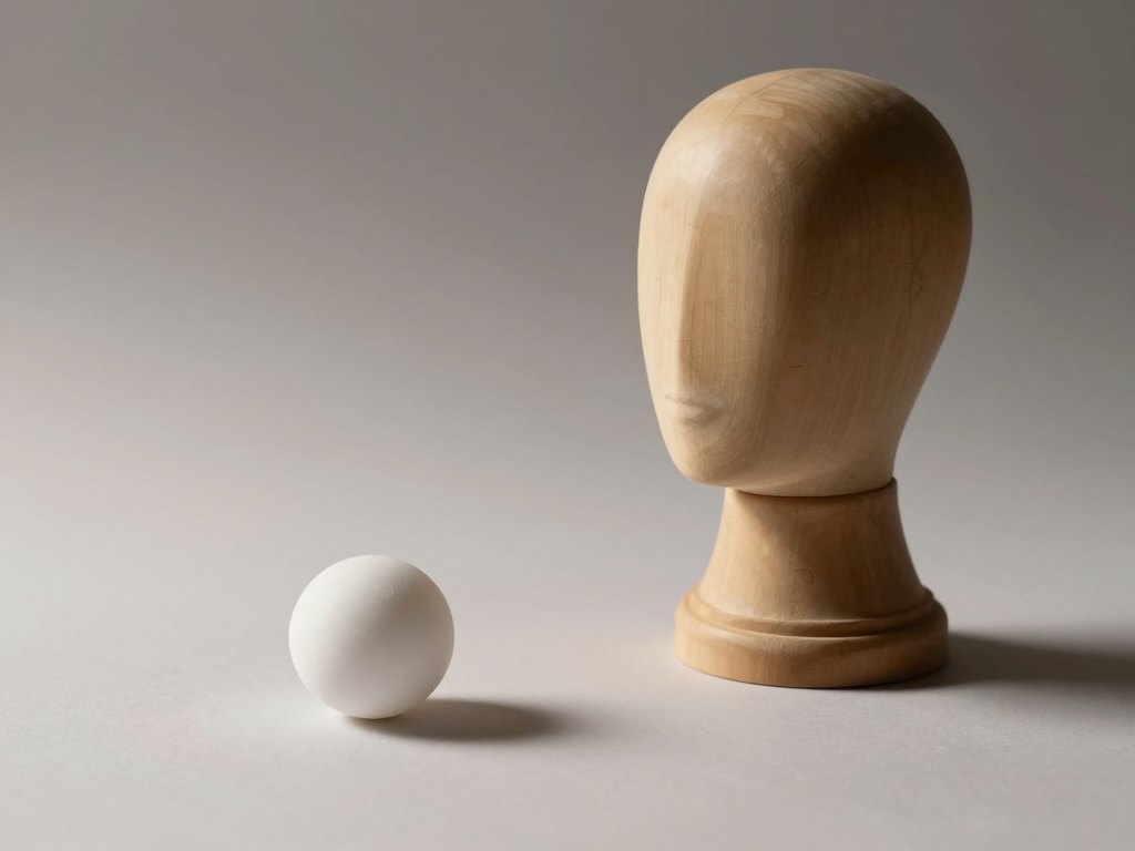 White sphere and wooden mannequin head with one soft shadow on paper