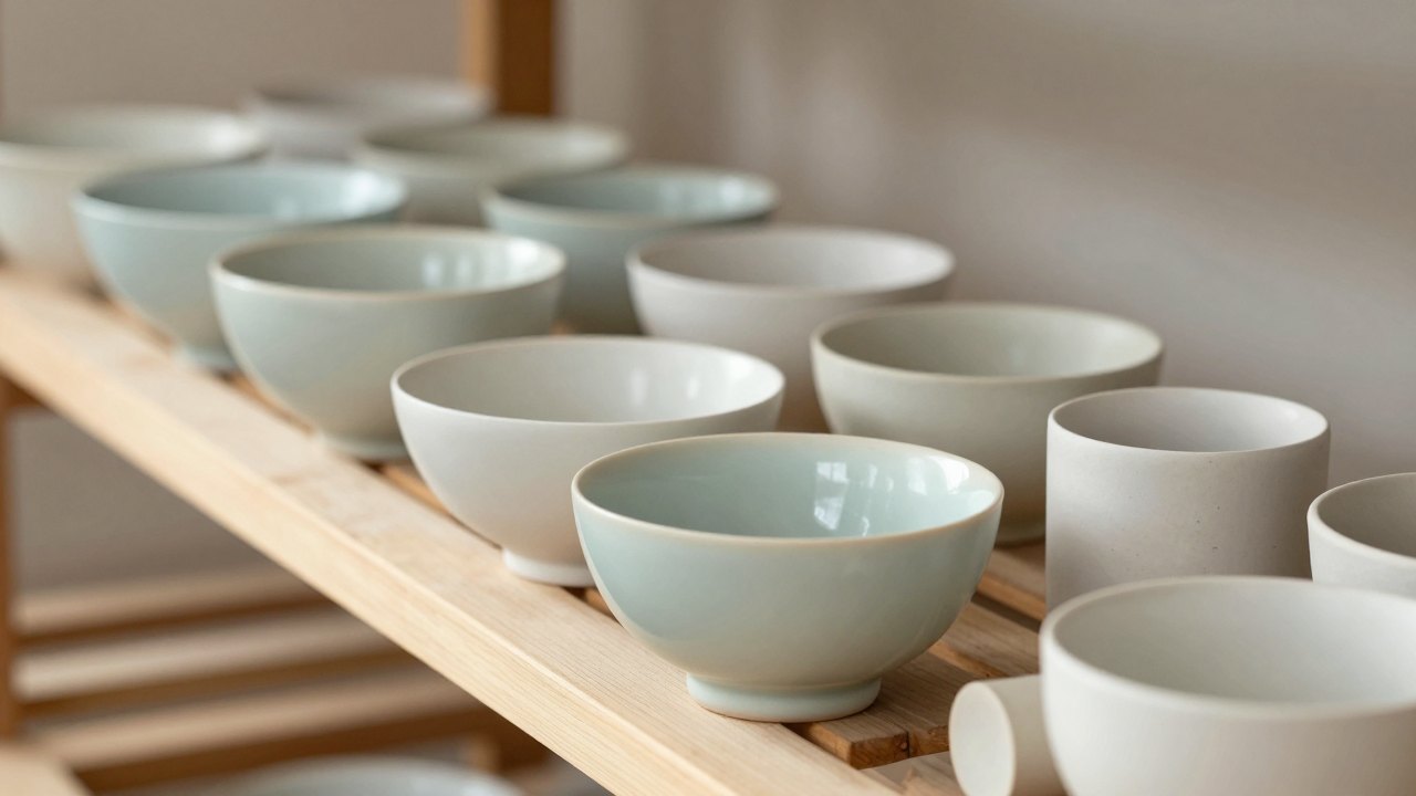 Shelf of finished handmade ceramic bowls and cups in pale glaze colours