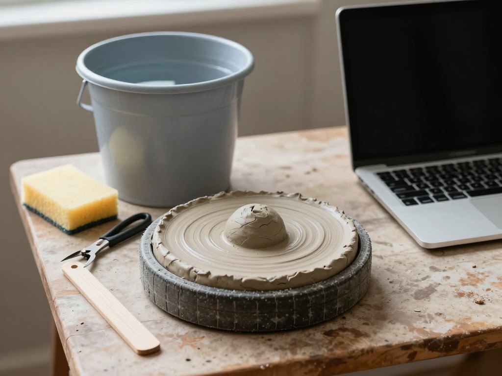 Small home pottery setup with wheel, clay, sponge and tools beside a closed laptop