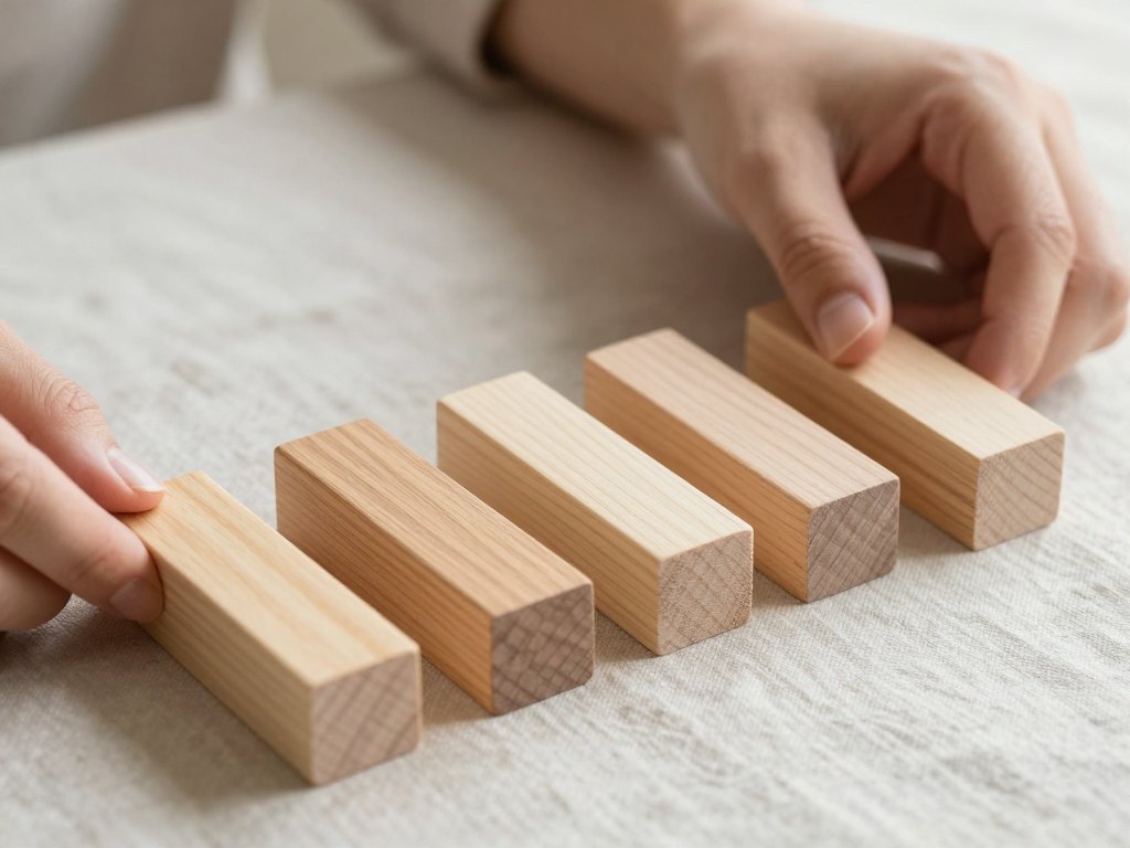 Hands arranging plain wooden blocks into orderly rows on a linen cloth