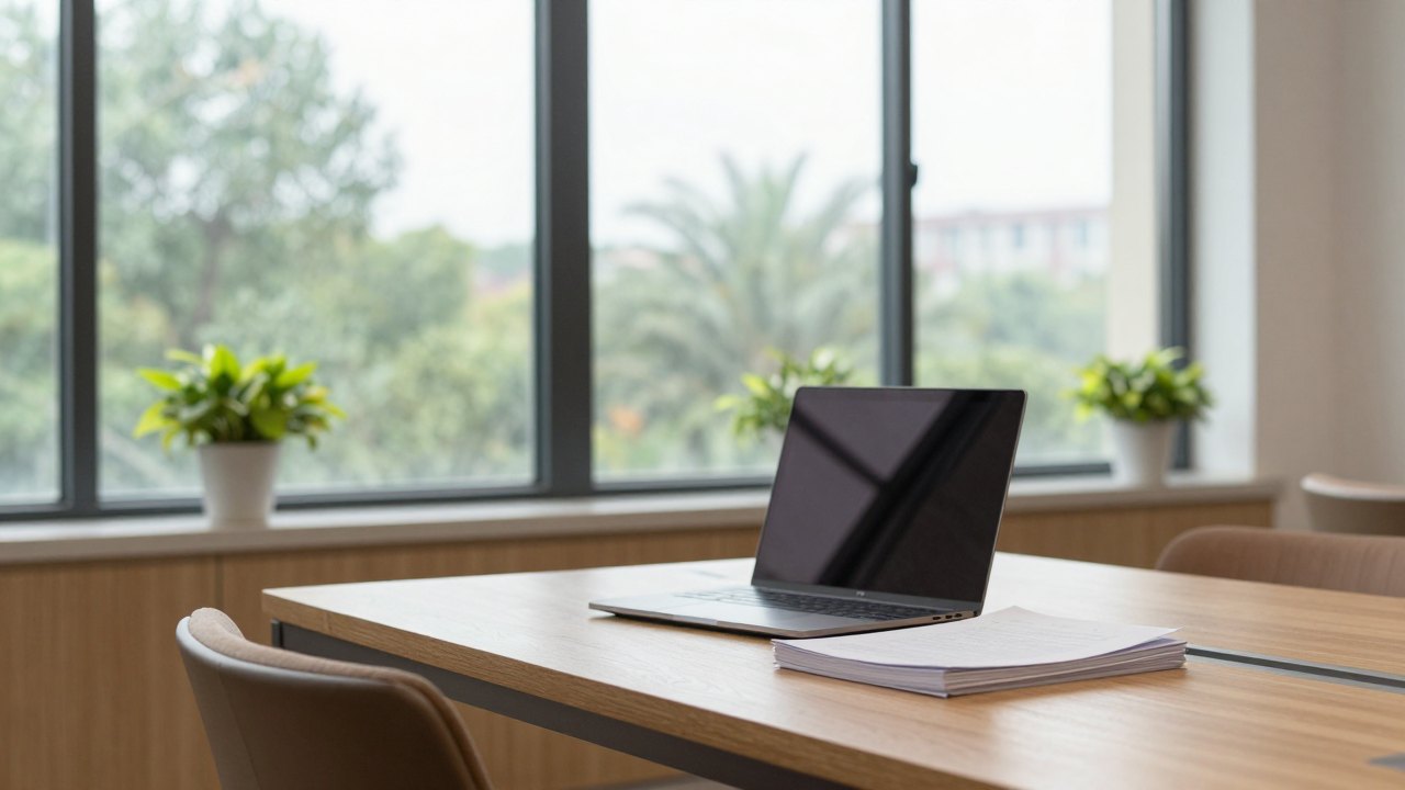 Person seen from behind studying at a long oak table beside tall windows