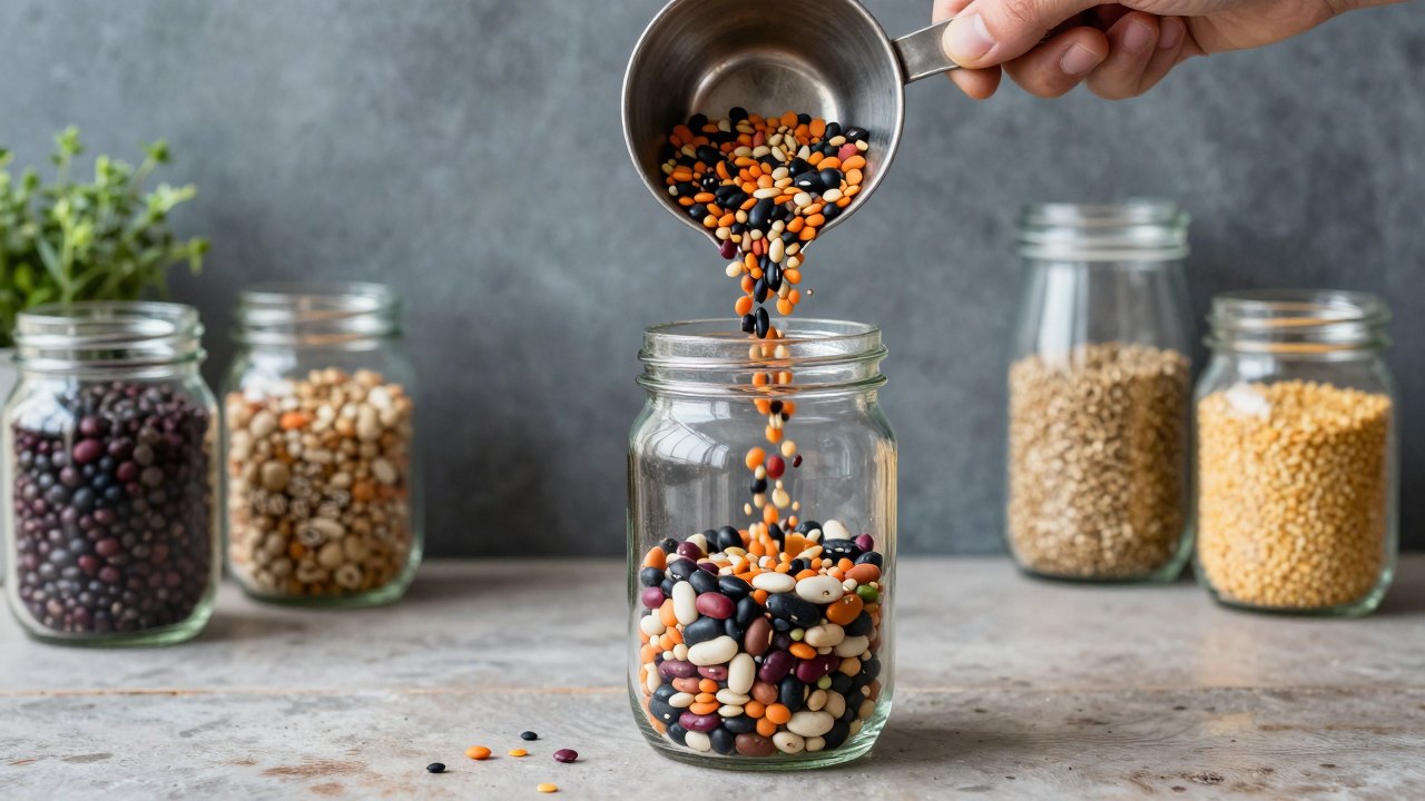 Grains from several small jars being poured through a funnel into one large glass jar