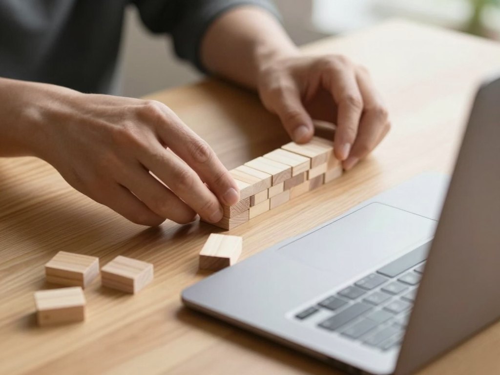 Hands arranging small wooden blocks into rows on an oak desk beside a closed laptop