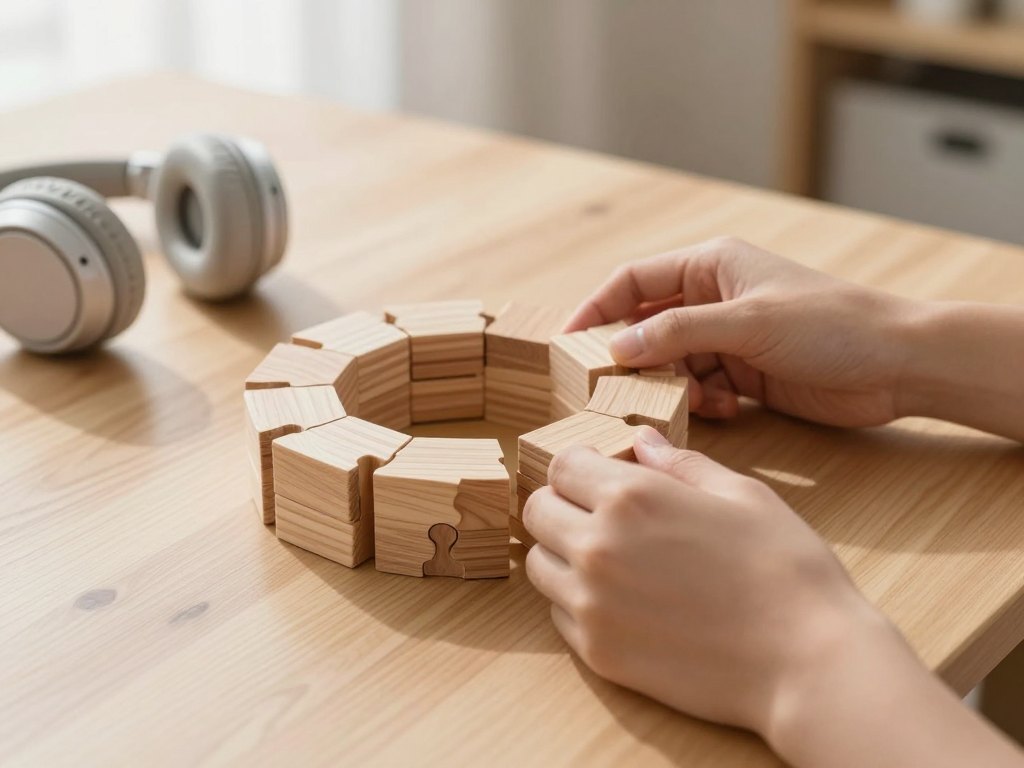 Hands fitting interlocking wooden blocks together on a light wooden table beside headphones