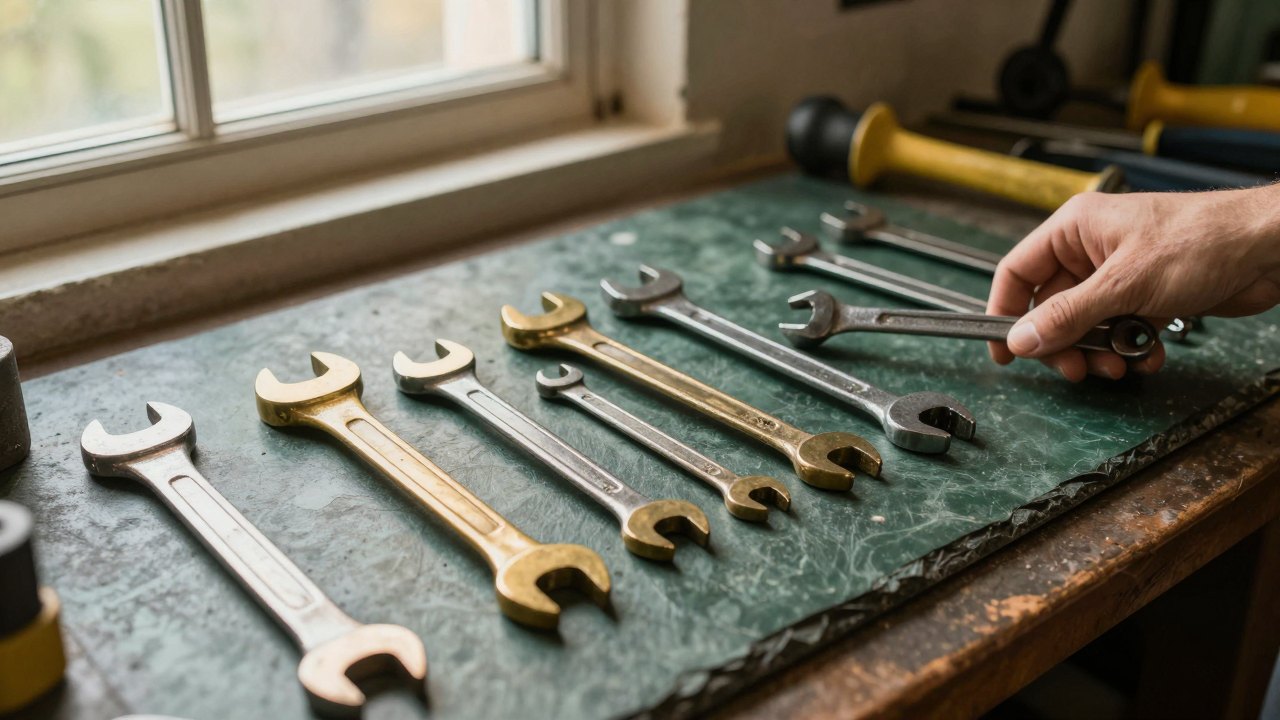 Hand reaching for a wrench among tools arranged in a row on a slate workbench
