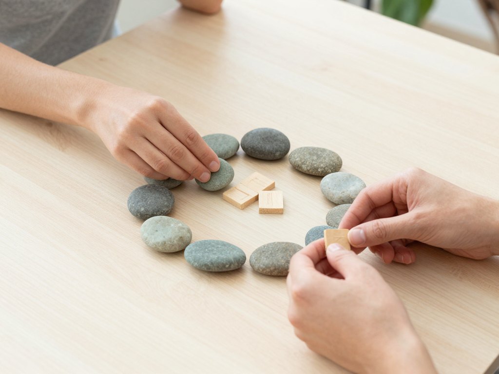 Two pairs of hands arranging plain pebbles and blank wooden tiles on a light table