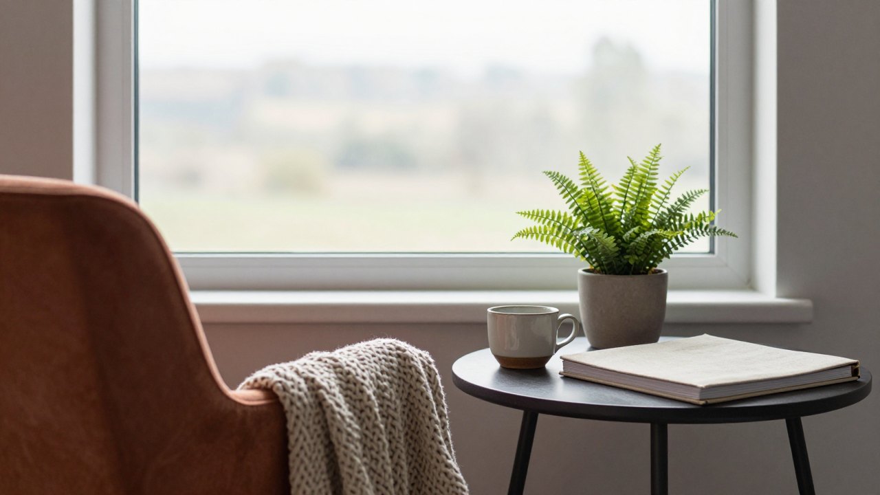Cozy armchair by a window with tea, fern and closed linen folder