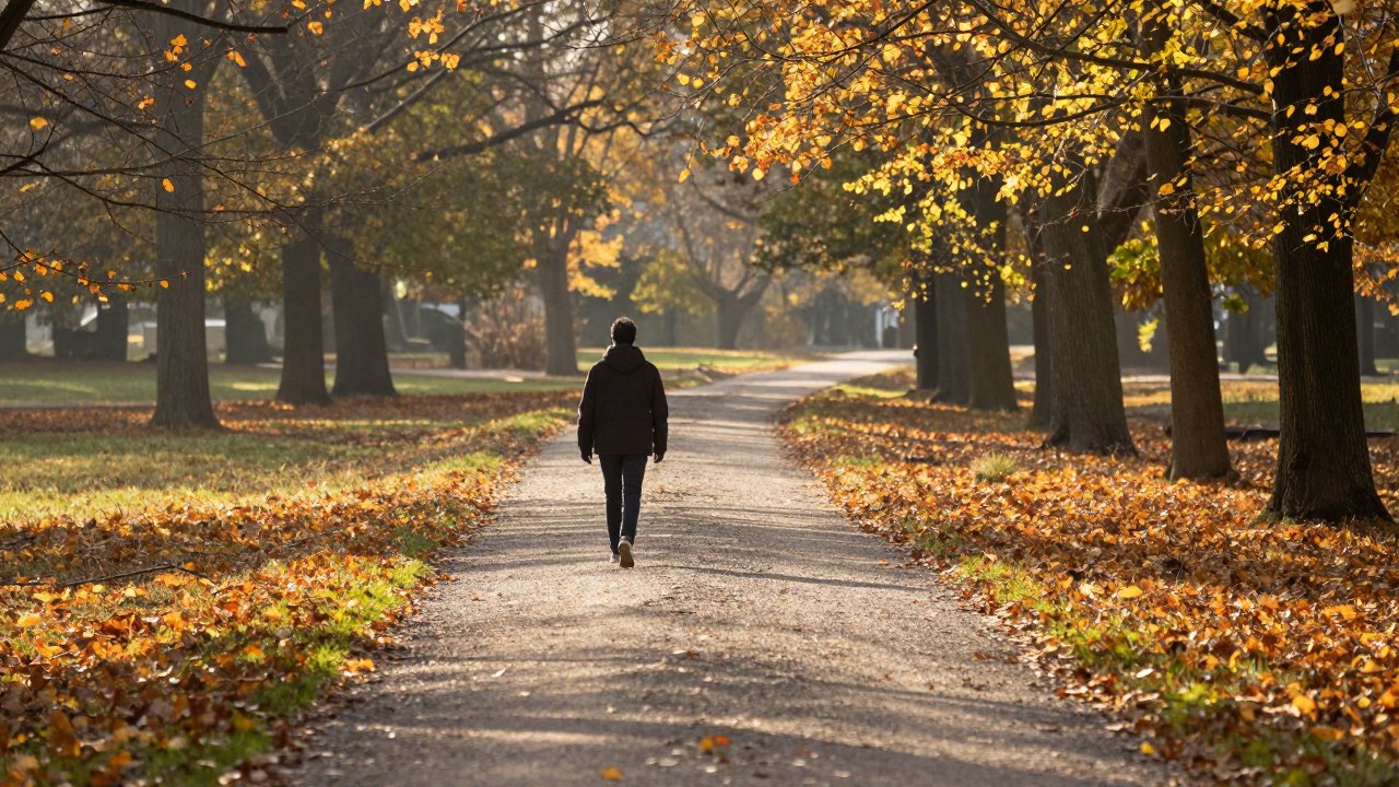 Distant person walking on a gravel path through an autumn park at low sun
