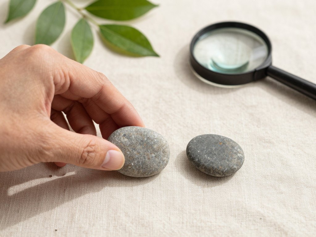 Hand arranging pebbles in a row next to a magnifying glass on linen