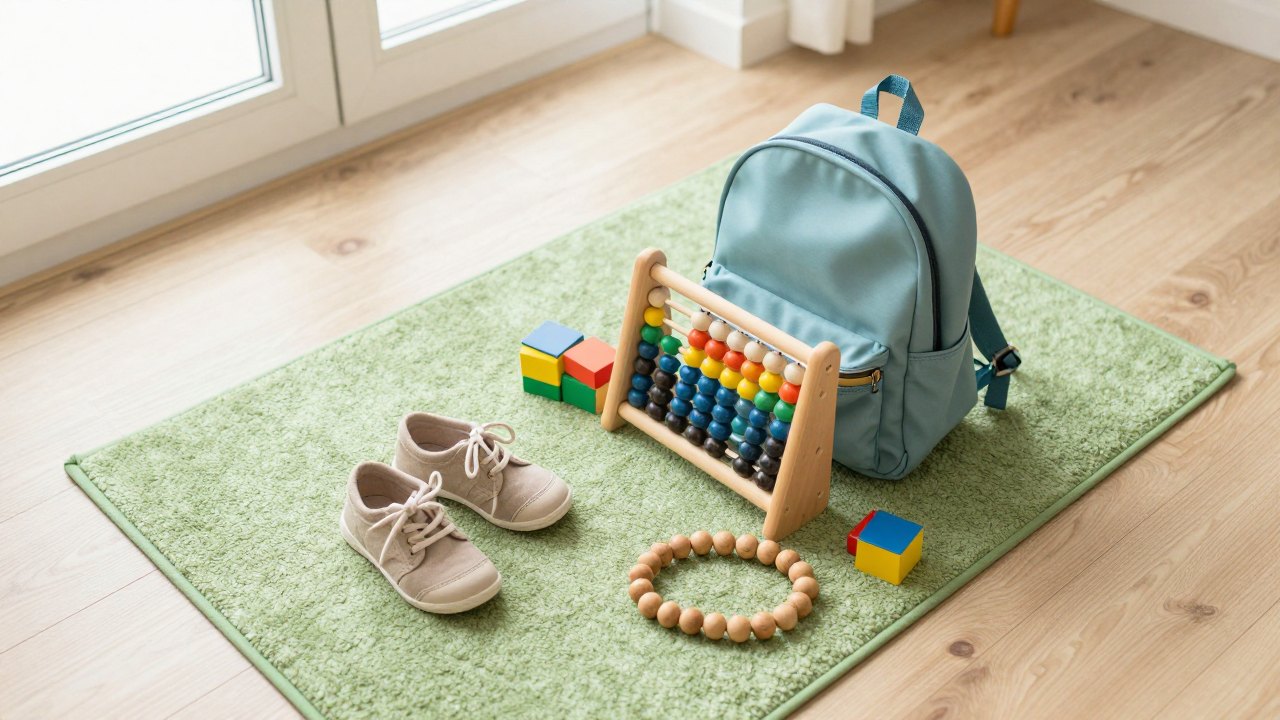 Small shoes, an open backpack, wooden blocks and beads arranged on a rug in morning light