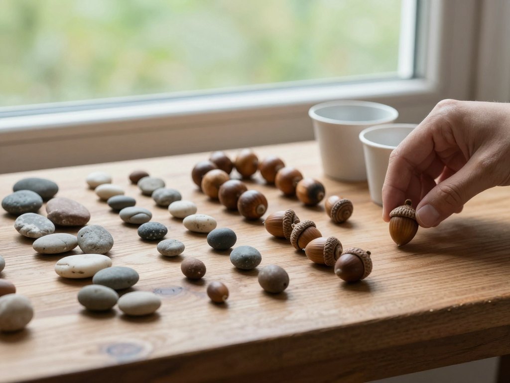 Small hand picking natural objects from groups of pebbles, acorns and beads on a table