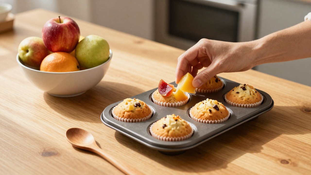 Hands arranging fruit pieces in a muffin tray on a sunny kitchen table