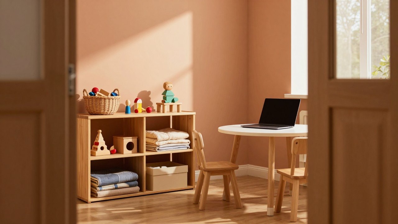 Sunlit corner of a small learning centre with shelves, round table and two chairs